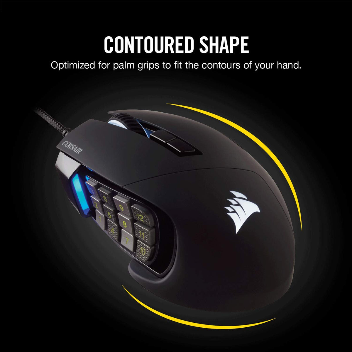 Corsair Scimitar Pro RGB mouse scroll wheel closeup emphasizing tactile feedback.