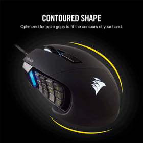 Corsair Scimitar Pro RGB mouse scroll wheel closeup emphasizing tactile feedback.