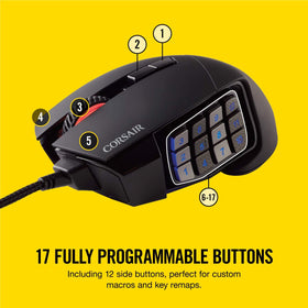 Corsair Scimitar Pro RGB mouse side-left view highlighting programmable side buttons.