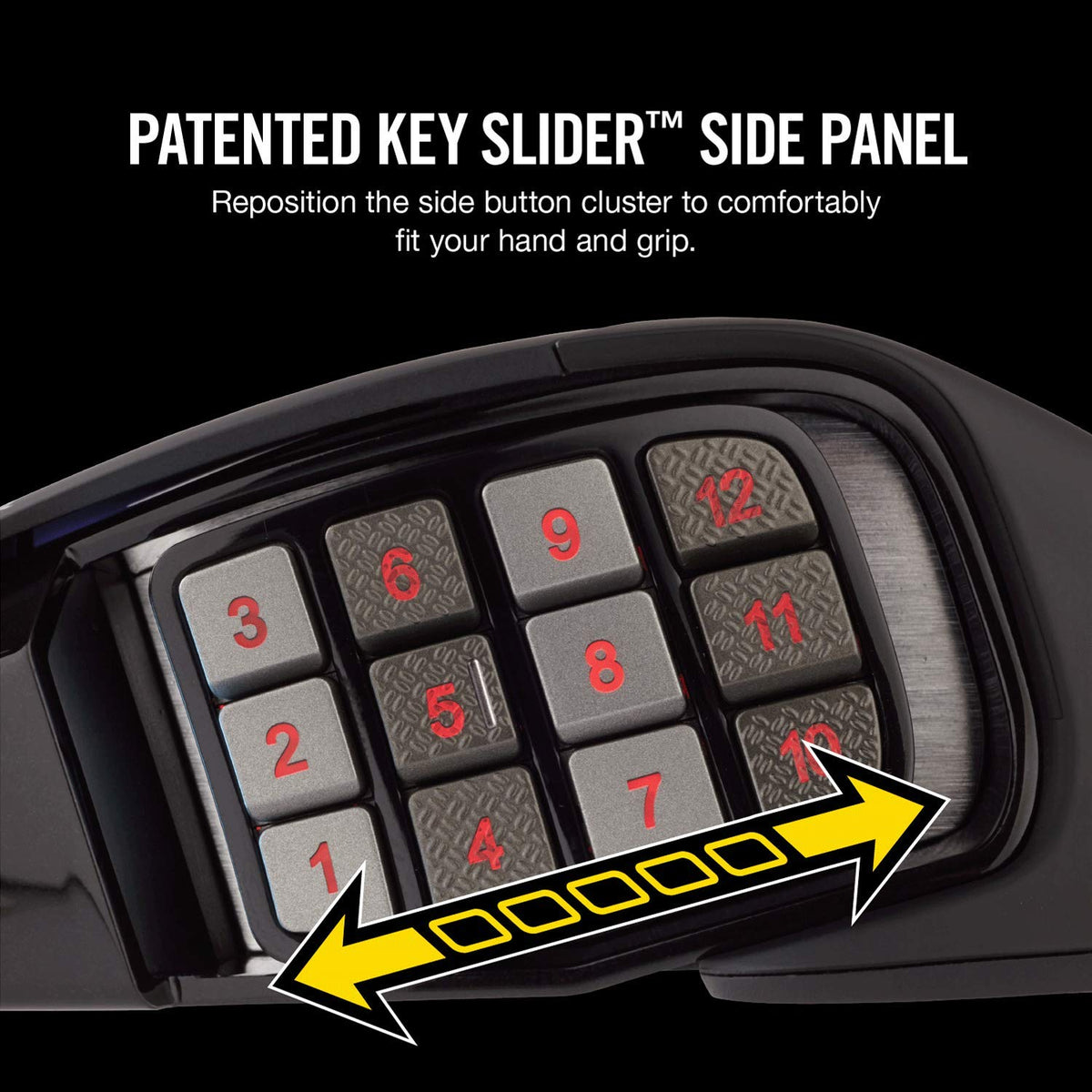 Corsair Scimitar Pro RGB mouse side-right view with adjustable macro controls.