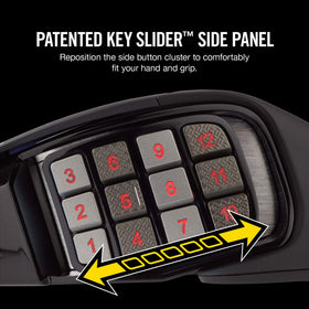 Corsair Scimitar Pro RGB mouse side-right view with adjustable macro controls.