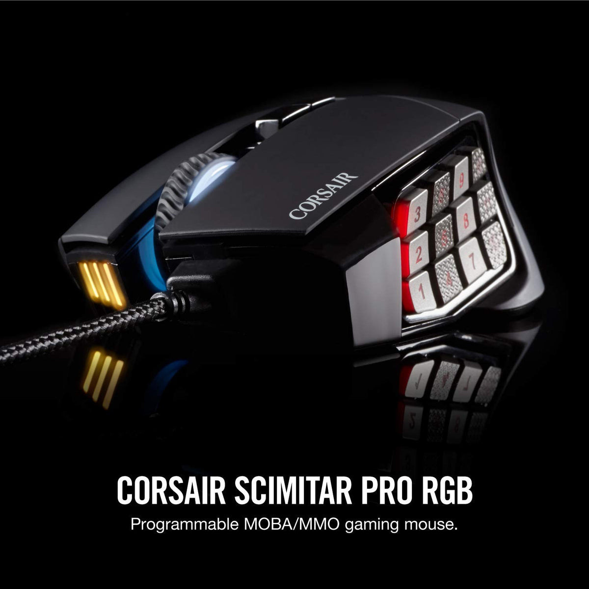Corsair Scimitar Pro RGB mouse top view showing 4-zone RGB lighting customization.