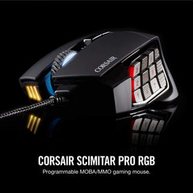 Corsair Scimitar Pro RGB mouse top view showing 4-zone RGB lighting customization.