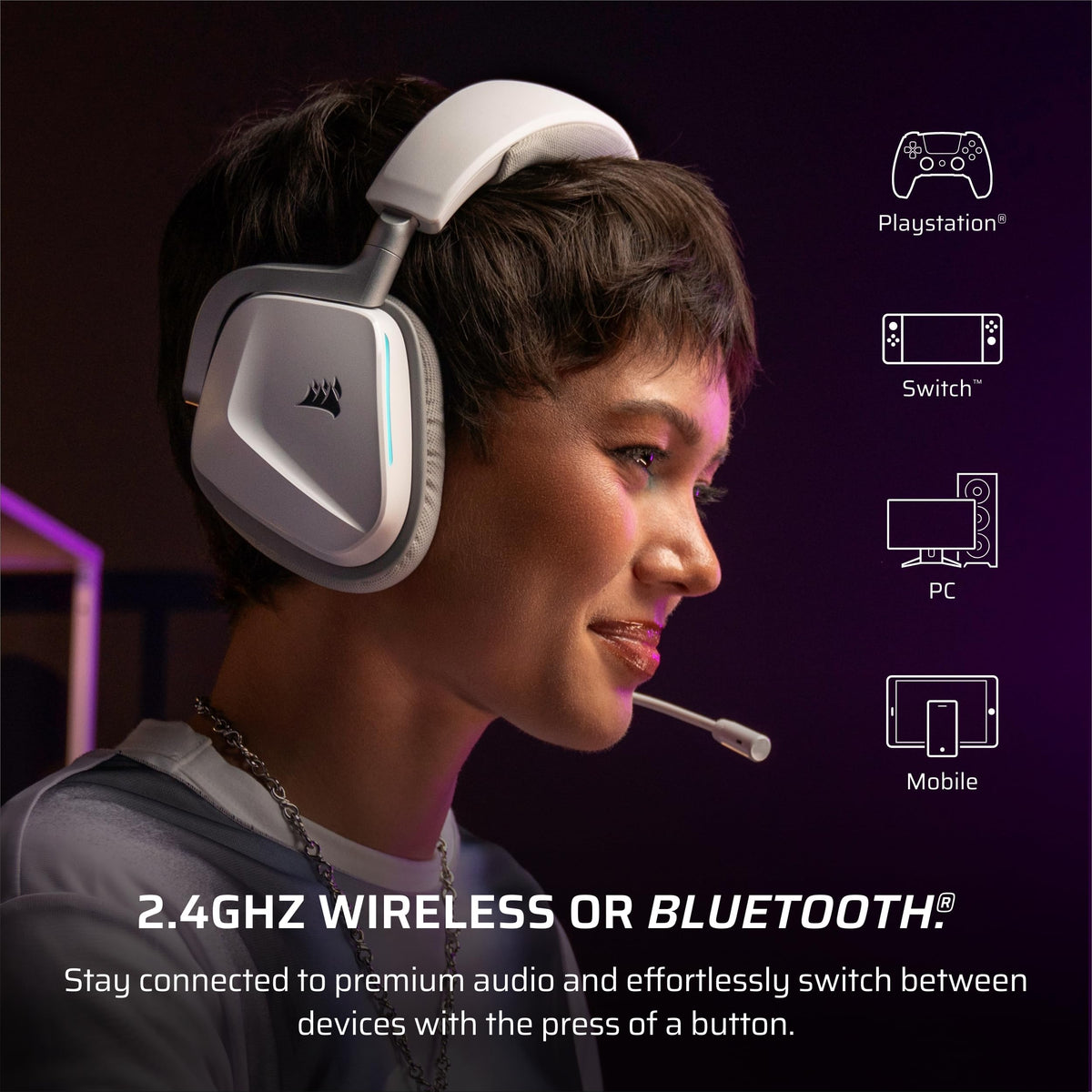 Corsair Void Wireless V2 microphone demonstrates omni-directional design for clear team communication.