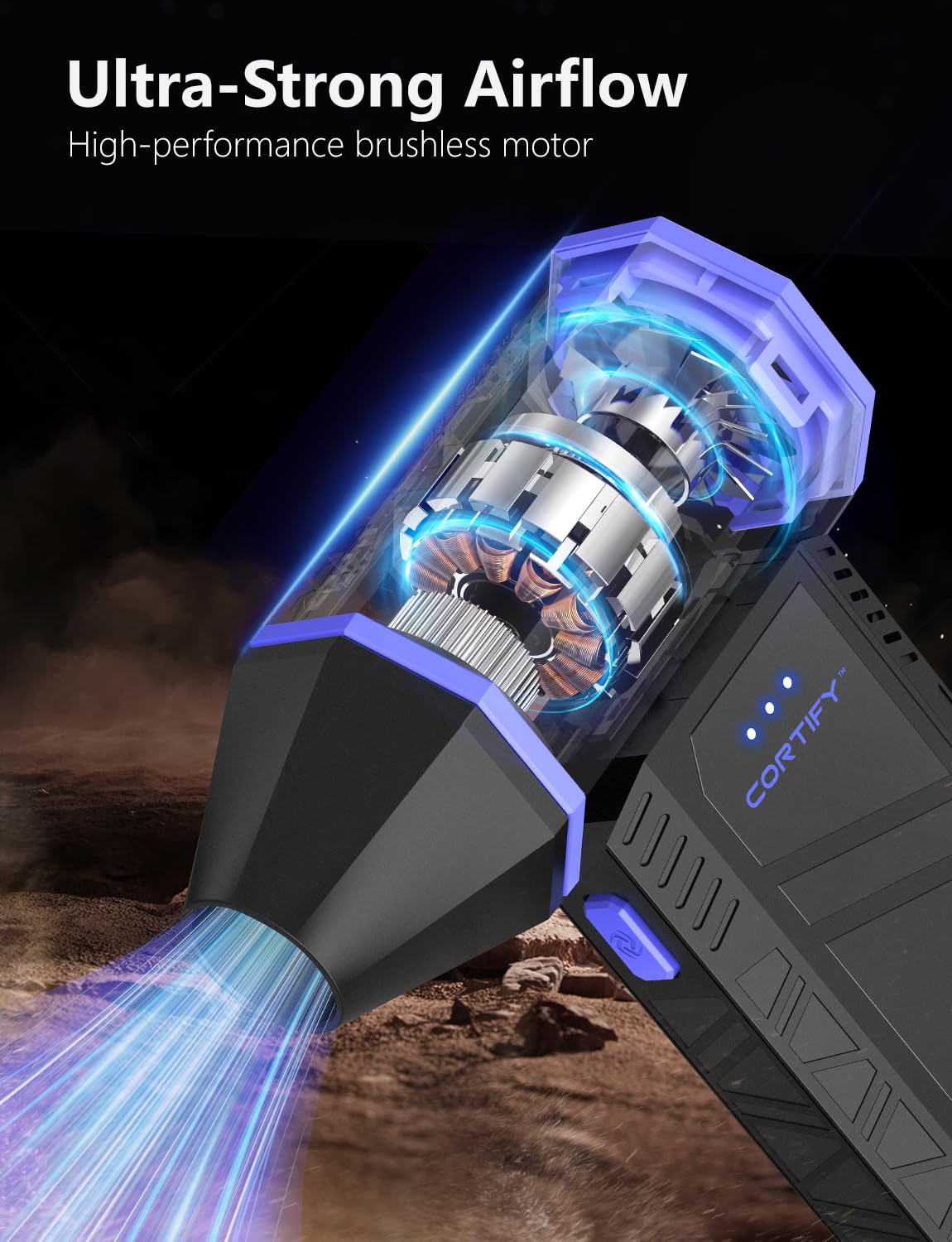 Cortify air blower with four nozzles for versatile cleaning close-up.