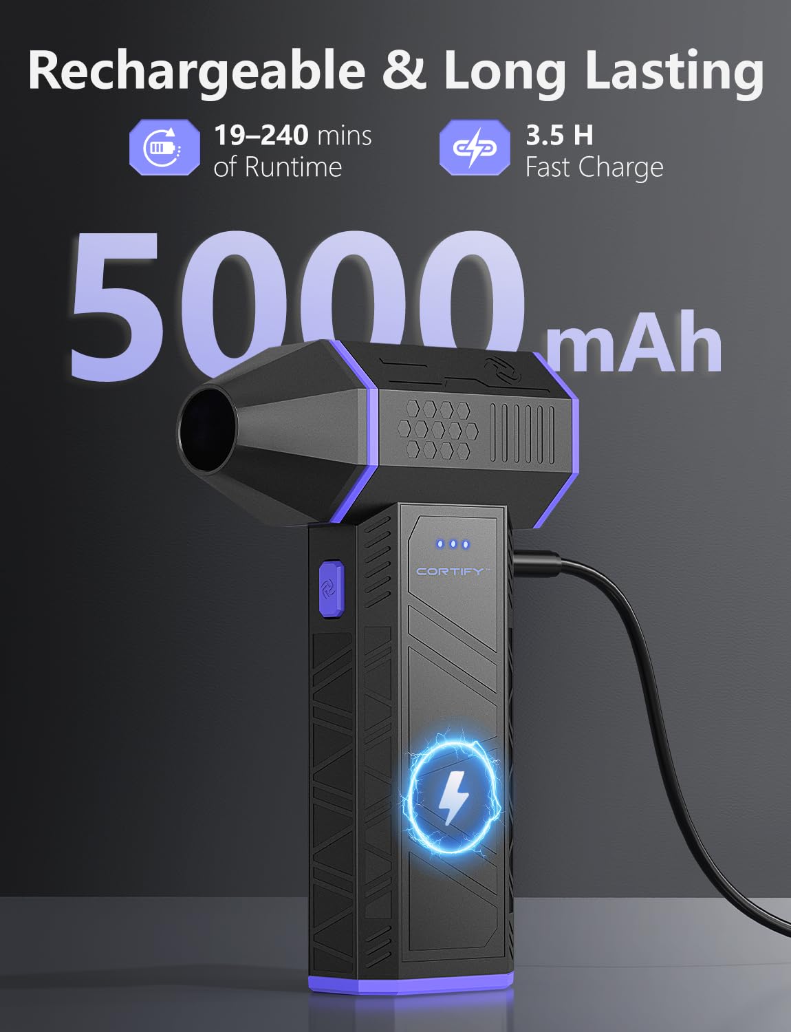 Cortify rechargeable USB-C battery enables quick full charge.