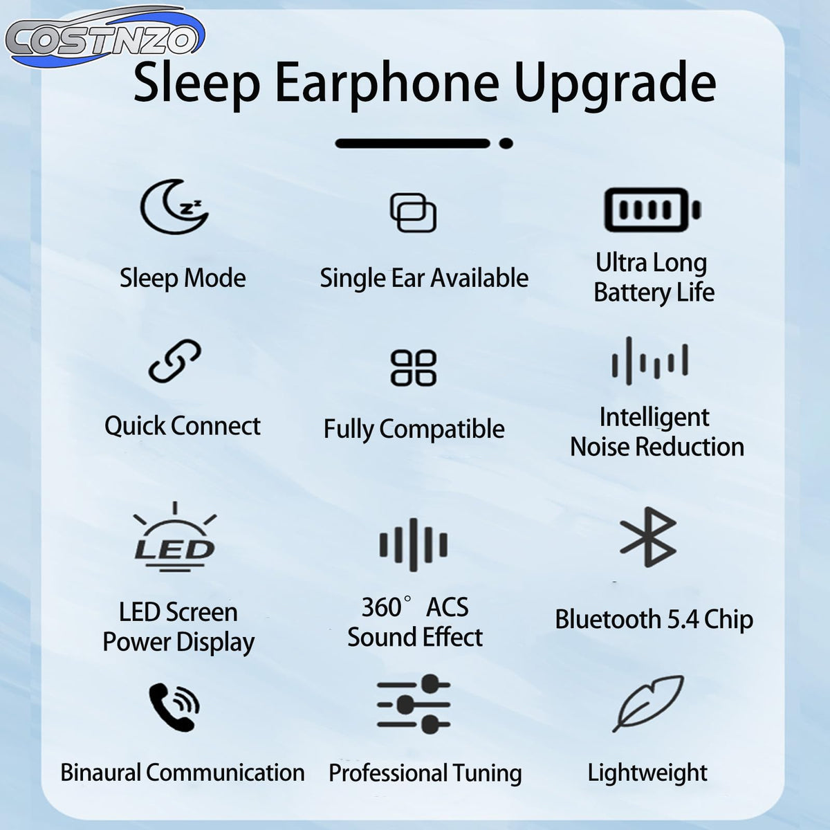Costnzo earbuds beside pillow at night, promoting undisturbed sleep listening
