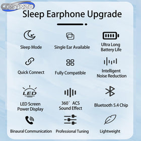 Costnzo earbuds beside pillow at night, promoting undisturbed sleep listening
