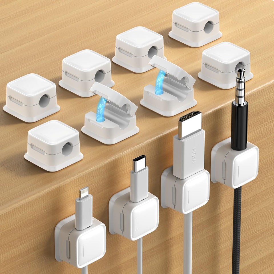 Costop 12 pack cord organizer on desk keeps cables tidy and accessible.