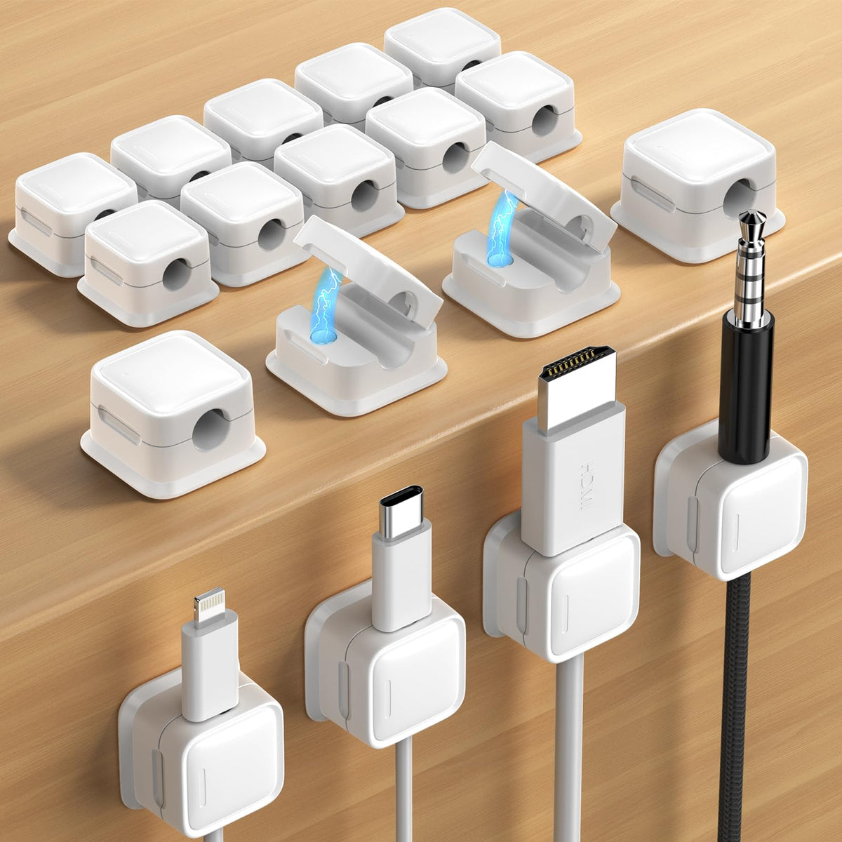 Costop 18-pack magnetic cord organizer in white keeps desk cables neatly arranged and accessible.