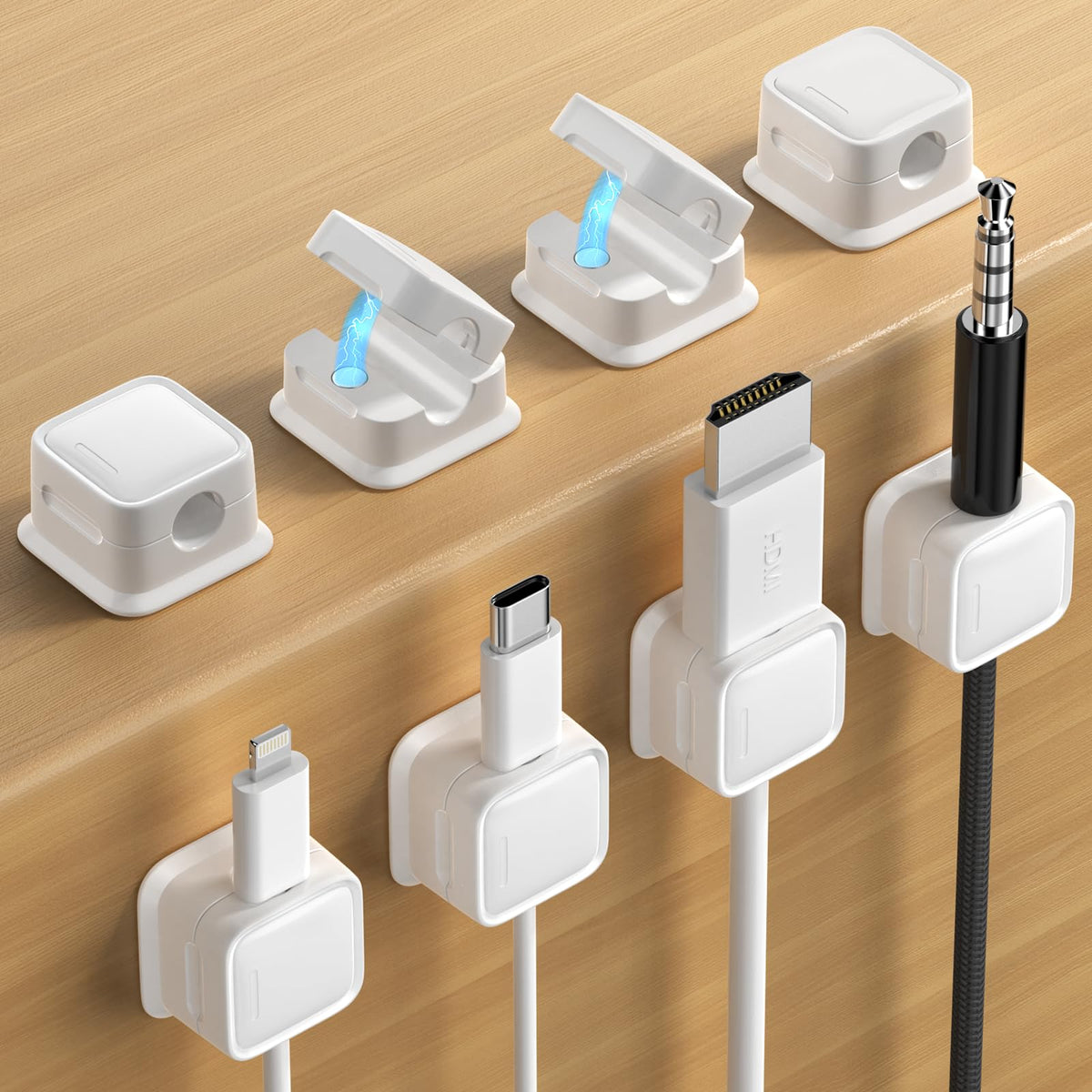 Costop magnetic cord organizer with adhesive-back keeps desk cables neatly in place.