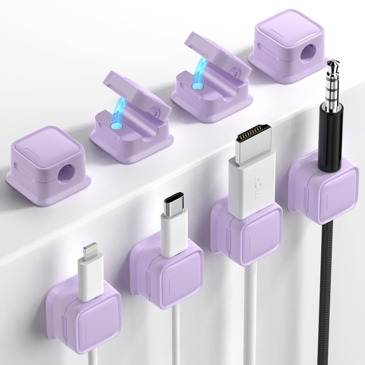 Costop purple magnetic cord organizer keeps cables tidy and accessible on a desk