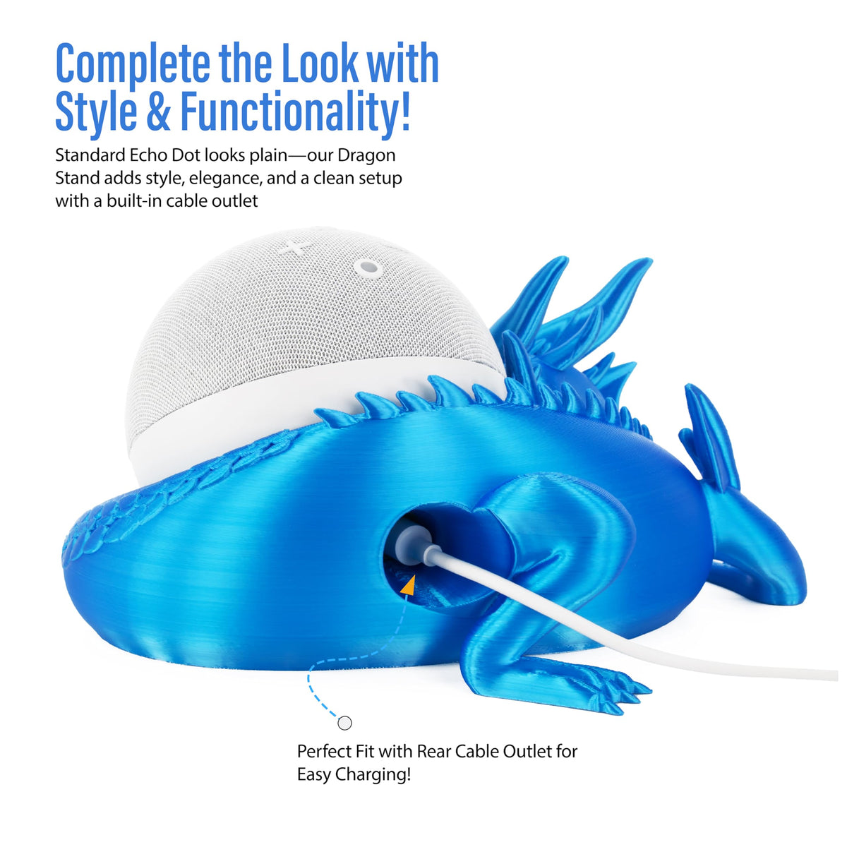 Blue 3D printed dragon decor holds Echo Dot securely while adding whimsy.