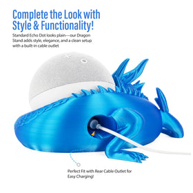 Blue 3D printed dragon decor holds Echo Dot securely while adding whimsy.