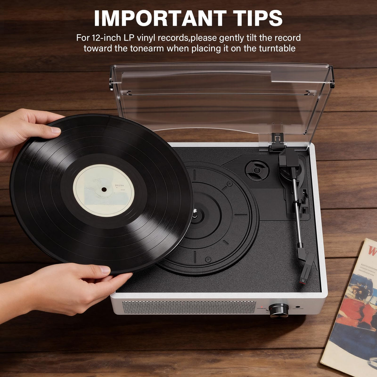 cotsoco with a 12inch record on platter demonstrating full-size vinyl compatibility