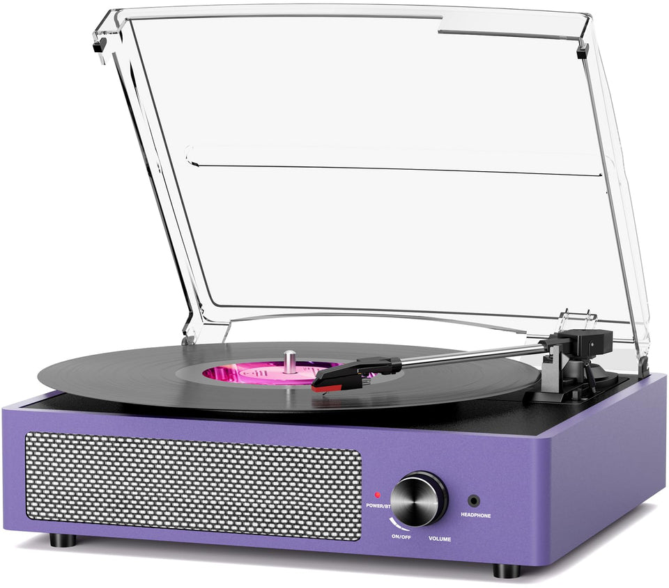 cotsoco aubergine vinyl record player front view showcases retro style and compact footprint for interiors.