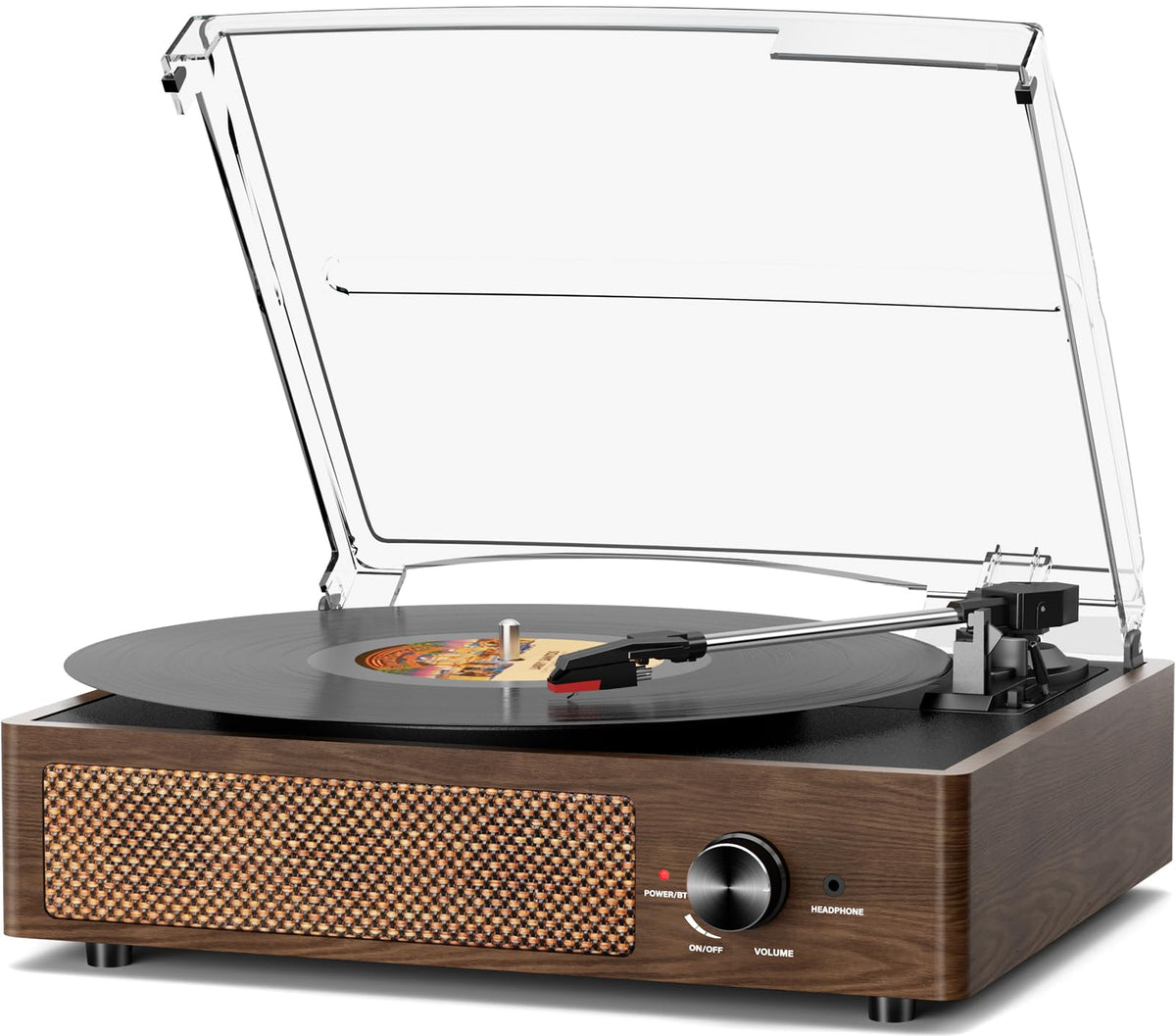 Cotsoco Bluetooth vinyl turntable in coffee wood, front view with built-in speakers for quick listening