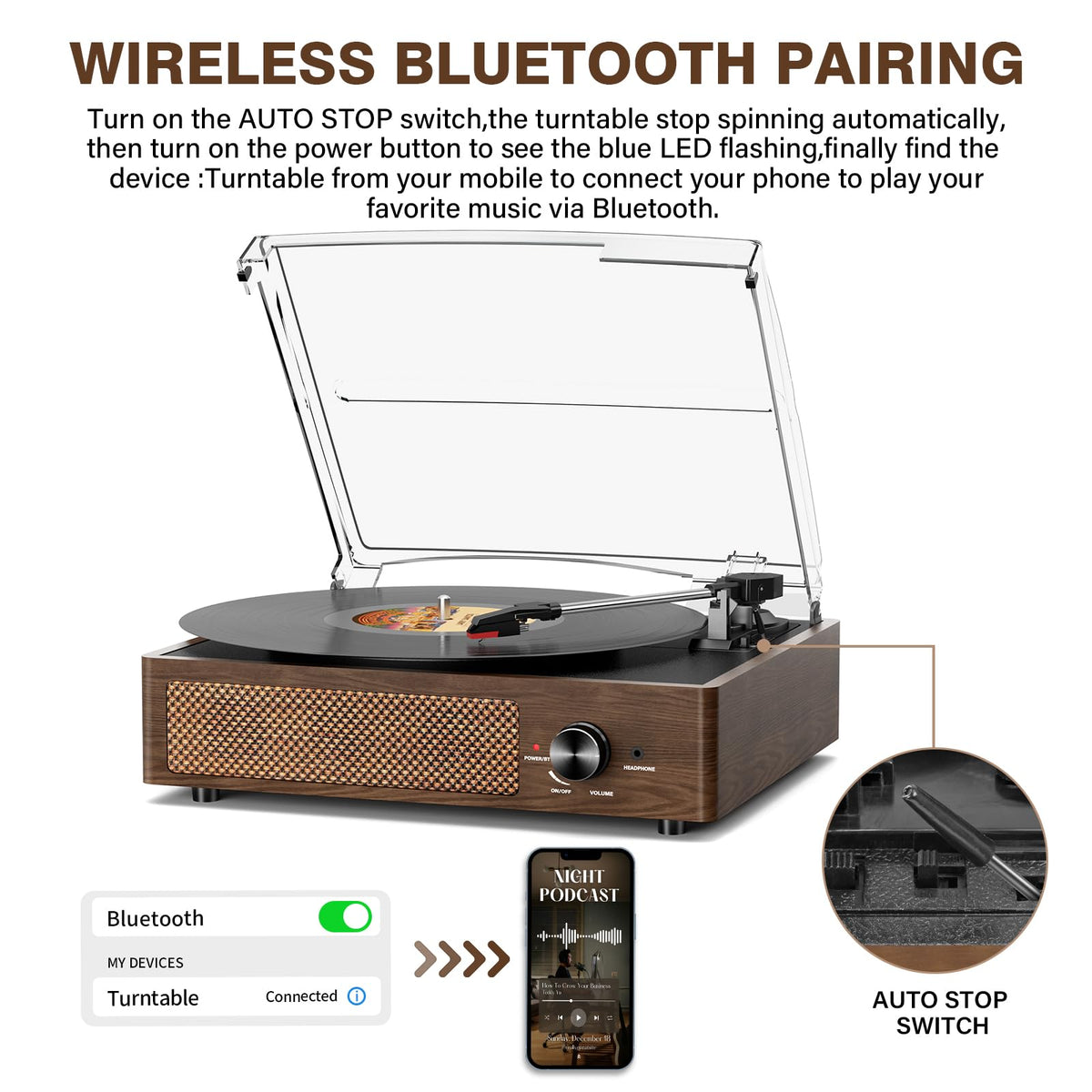 Cotsoco coffee wood side view highlighting integrated stereo speakers for room-filling sound