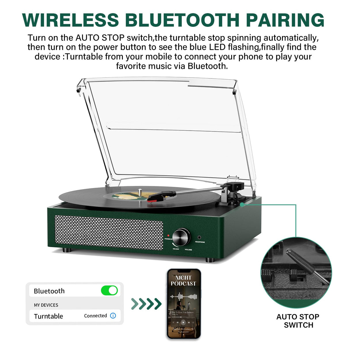 Cotsoco Emerald Green belt-drive turntable emphasizes smooth playback and vinyl compatibility.