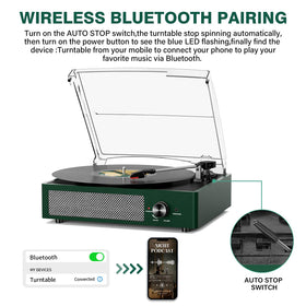 Cotsoco Emerald Green belt-drive turntable emphasizes smooth playback and vinyl compatibility.