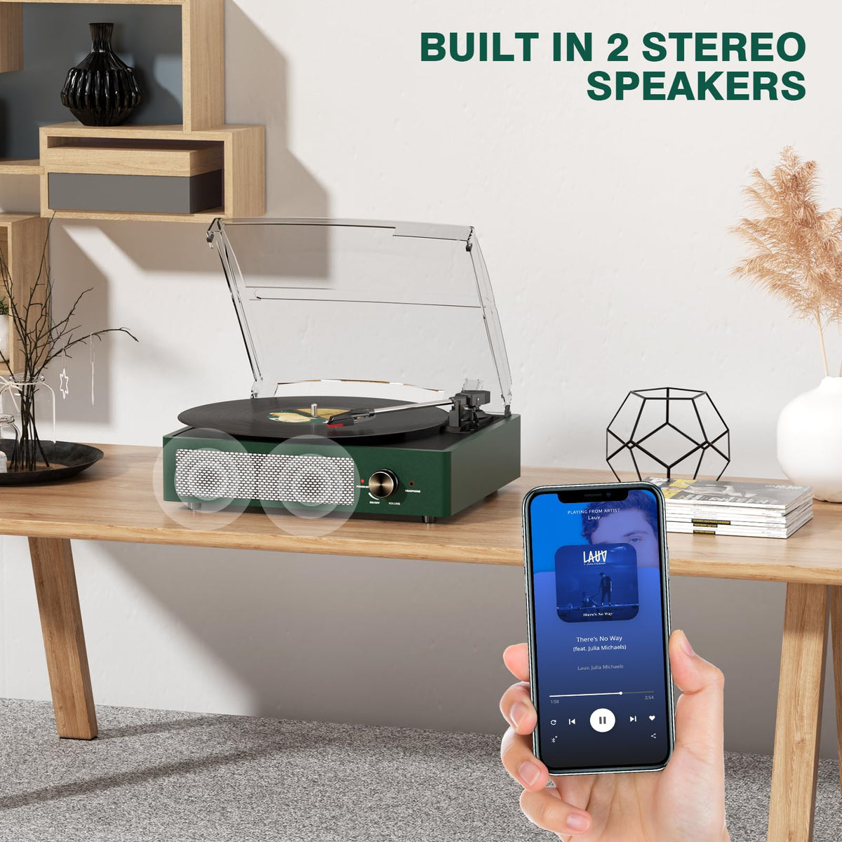 Cotsoco Emerald Green Bluetooth sync demonstrates wireless playback from smartphones.