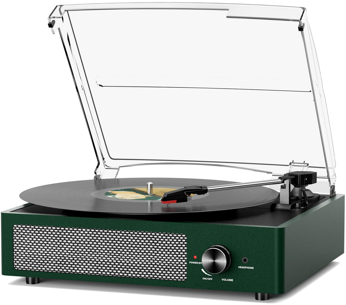 Cotsoco Emerald Green record player front view with compact retro styling and built-in speakers.
