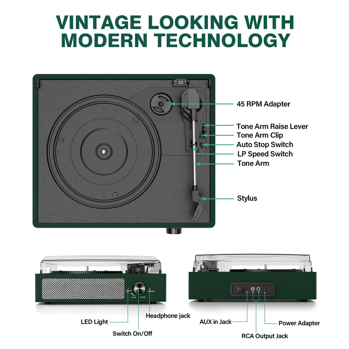 Cotsoco Emerald Green turntable top cover highlighting dust-protective shield and clean aesthetics.
