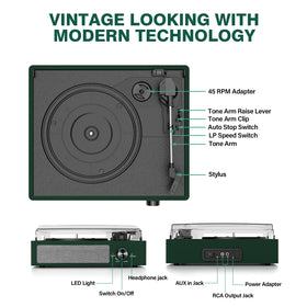 Cotsoco Emerald Green turntable top cover highlighting dust-protective shield and clean aesthetics.
