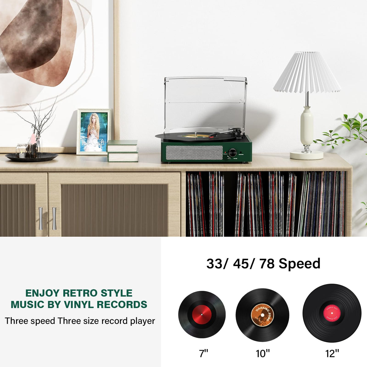 Cotsoco Emerald Green three-speed setting displays 33, 45, and 78 RPM versatility.