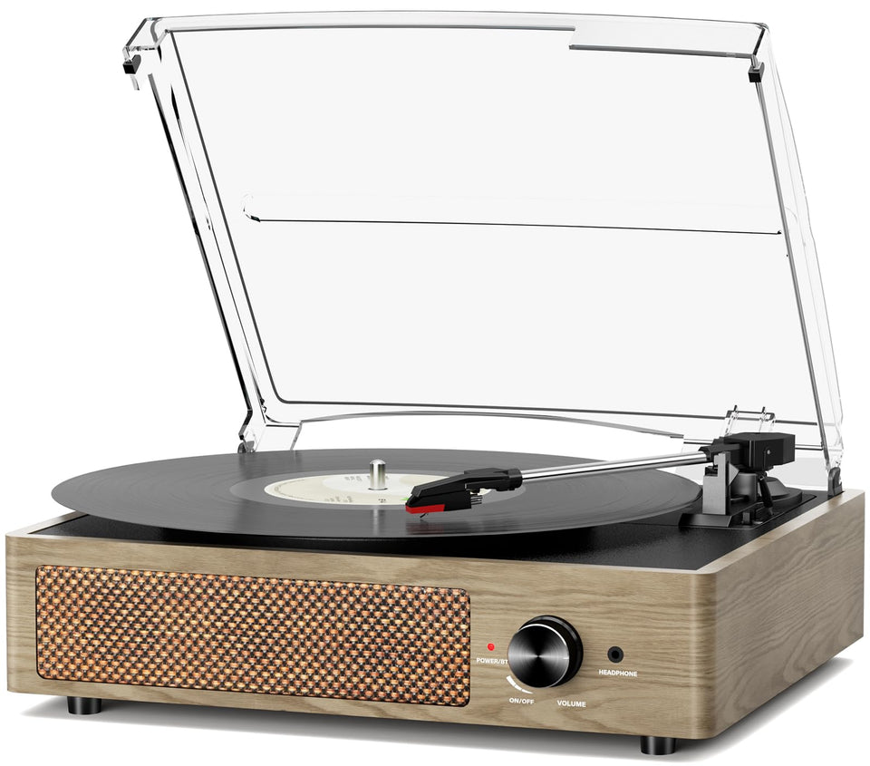 cotsoco front overview showing turntable and built-in speakers for immediate playback
