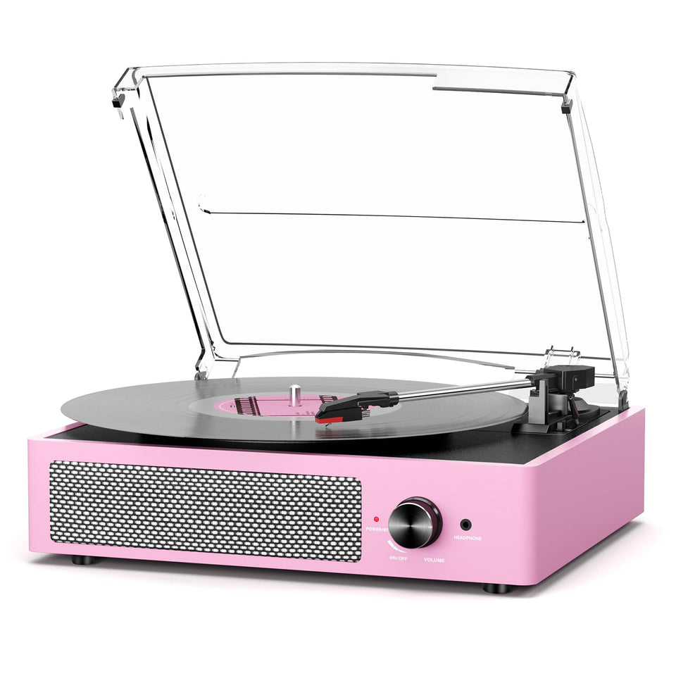 cotsoco front view pale pink turntable showing retro styling and easy play controls