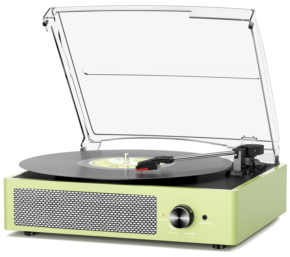 cotsoco front view of green turntable showing controls and speakers for quick setup