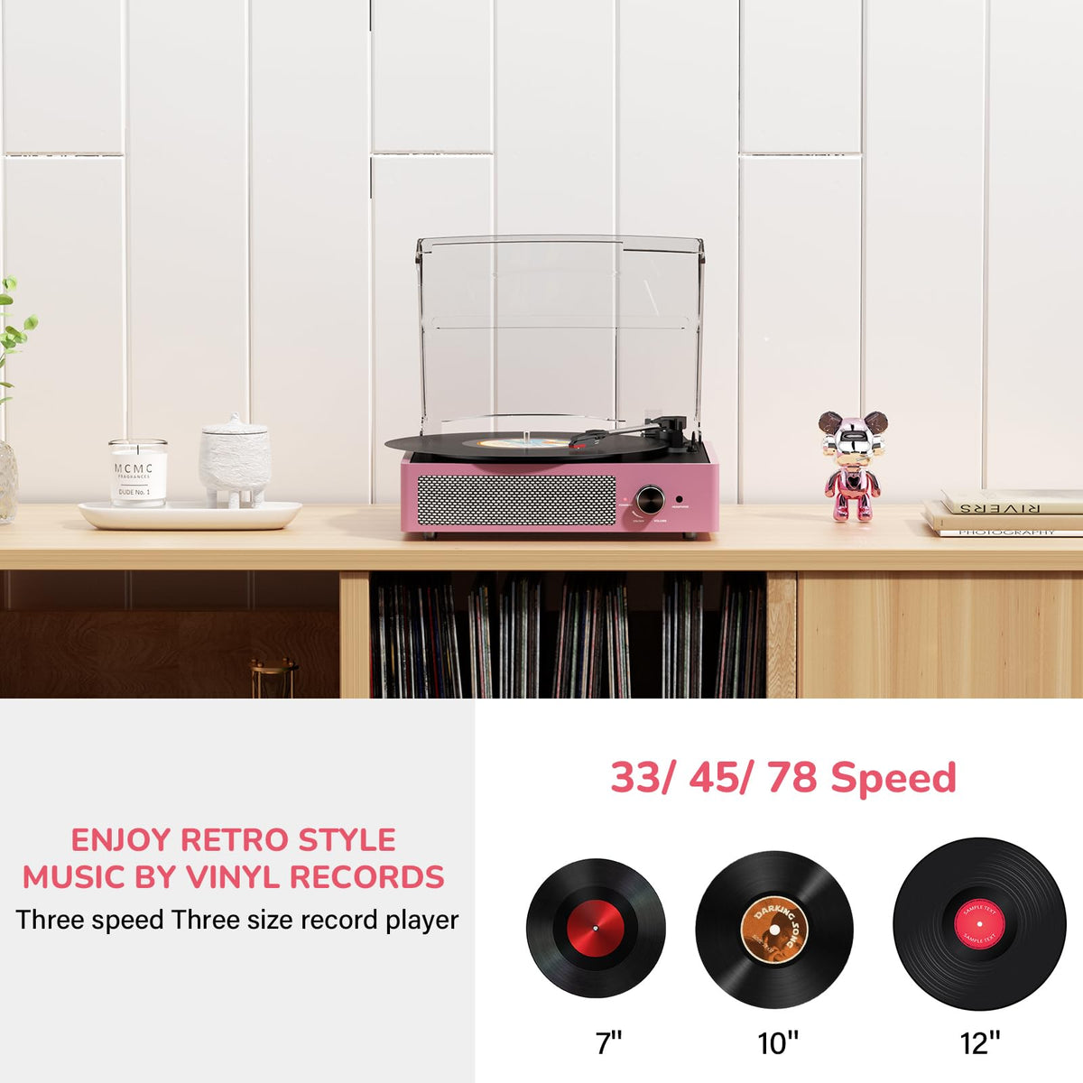 Cotsoco record player supports 33, 45 and 78 RPM records.