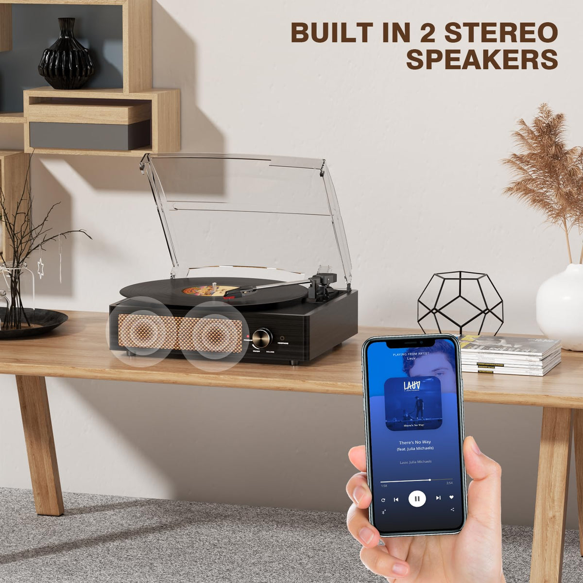 Cotsoco record player aux-in and RCA out, simple connections to external speakers.