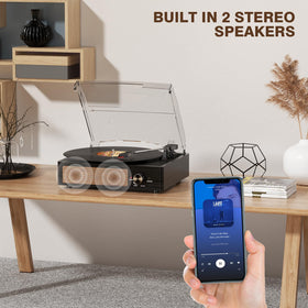 Cotsoco record player aux-in and RCA out, simple connections to external speakers.