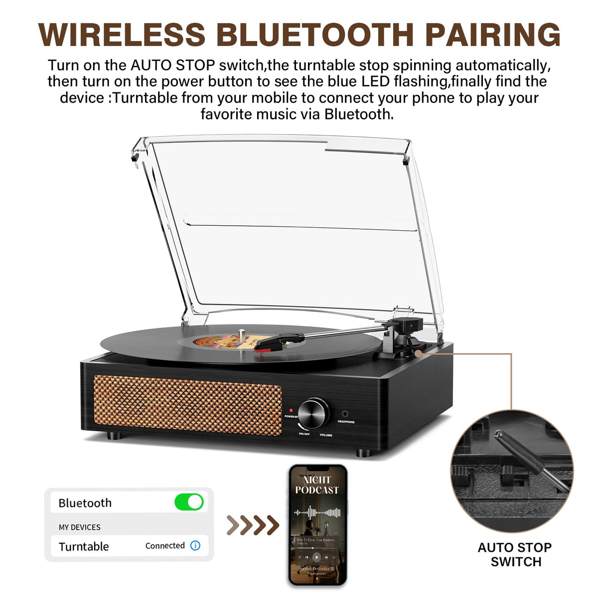 Cotsoco record player Bluetooth connect image, effortless wireless streaming from your phone.