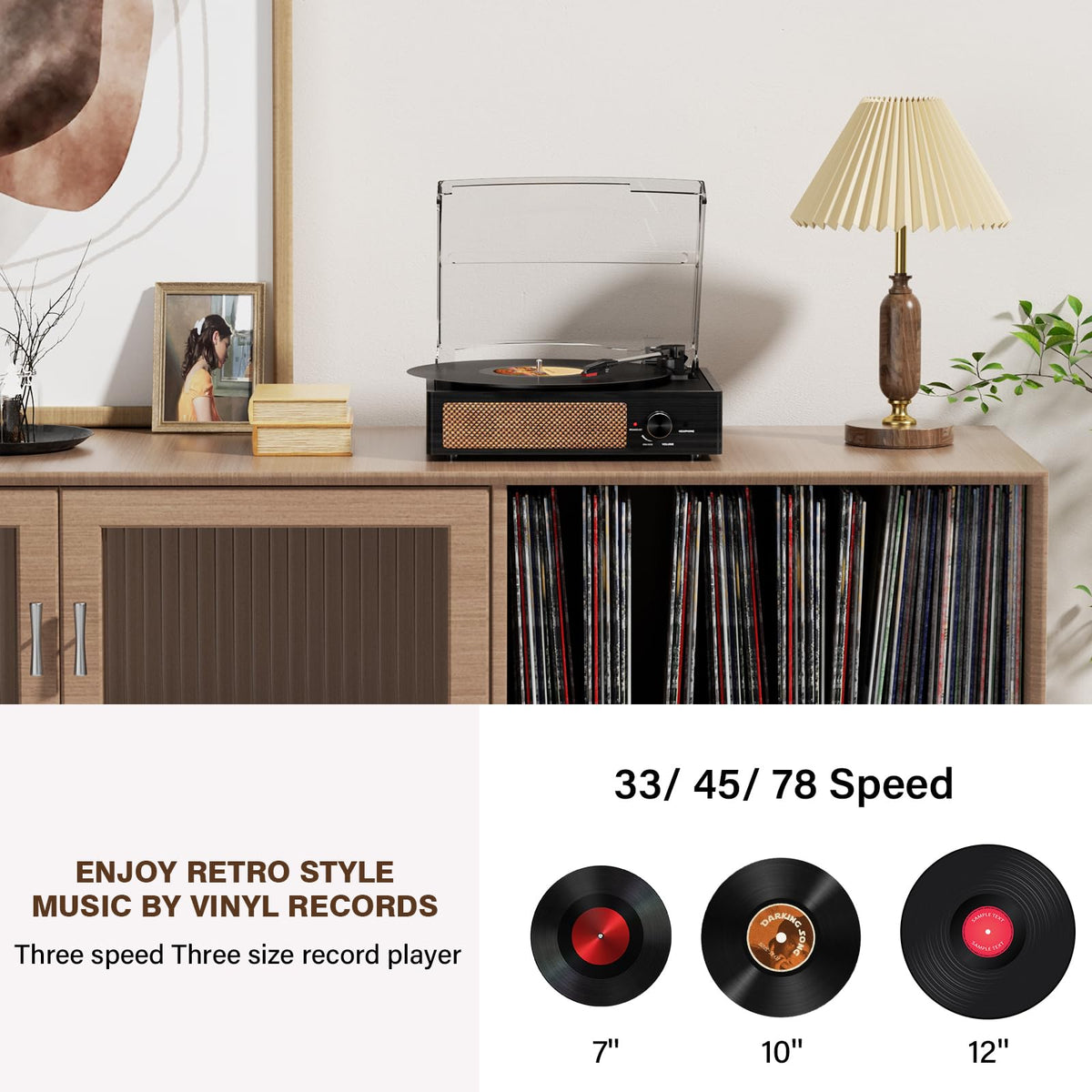 Cotsoco record player built-in speakers front view, compact sound without external gear.