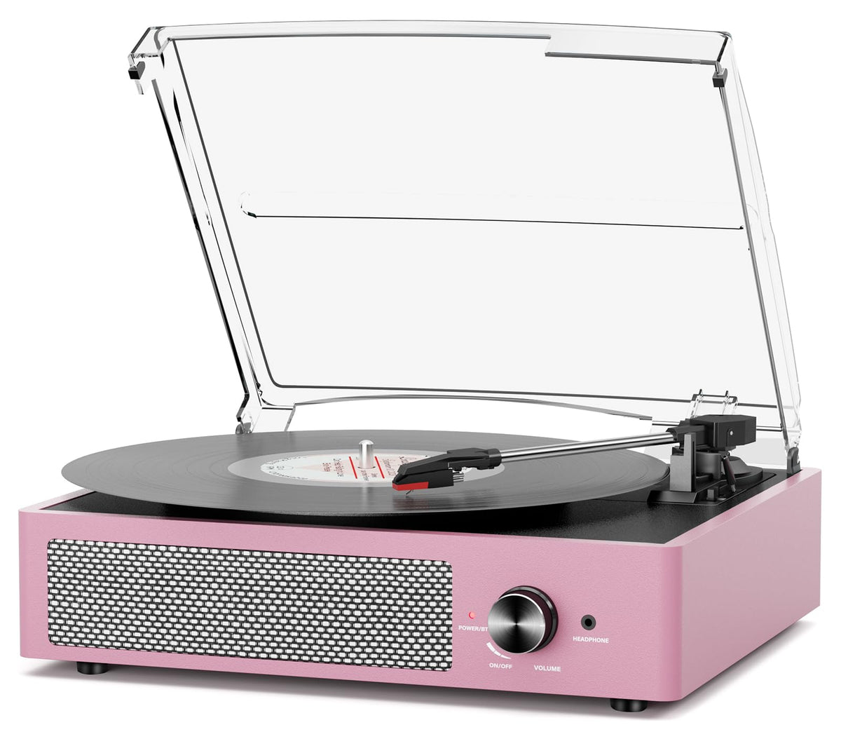 Cotsoco record player front view in purple-pink enhances living room ambiance.