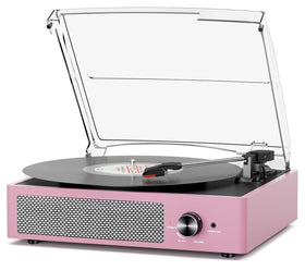 Cotsoco record player front view in purple-pink enhances living room ambiance.