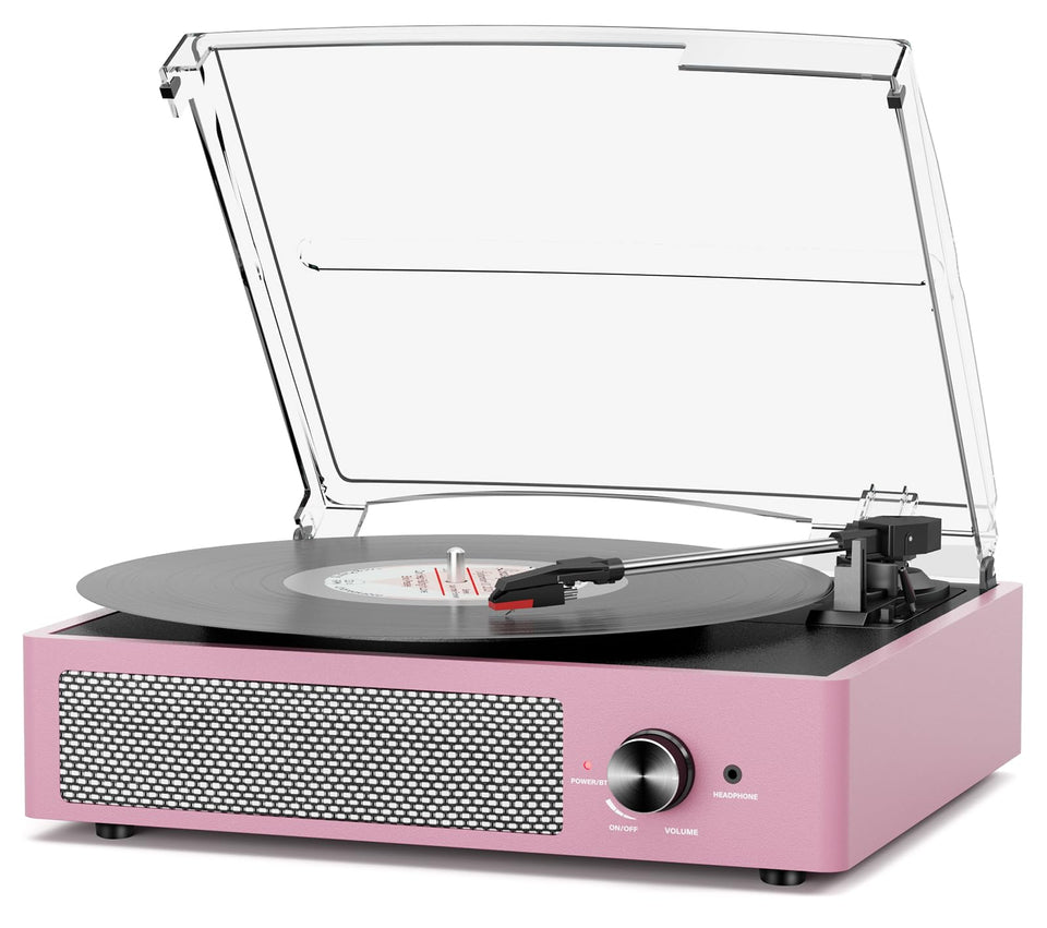 Cotsoco record player front view in purple-pink enhances living room ambiance.