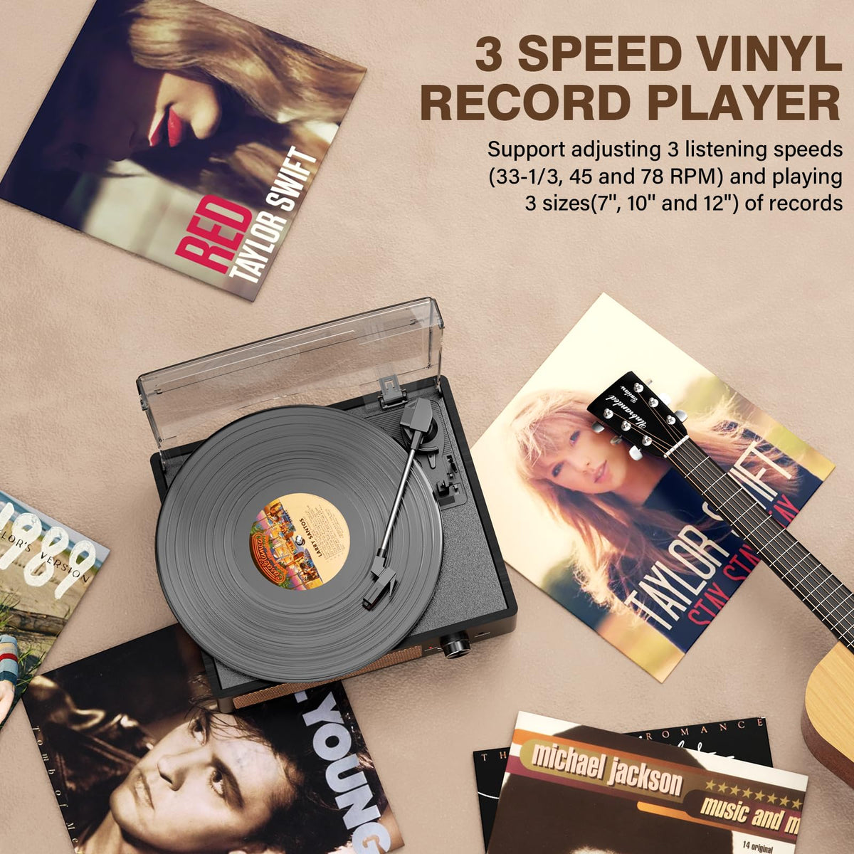 Cotsoco record player removable dust cover keeps vinyl clean between uses.
