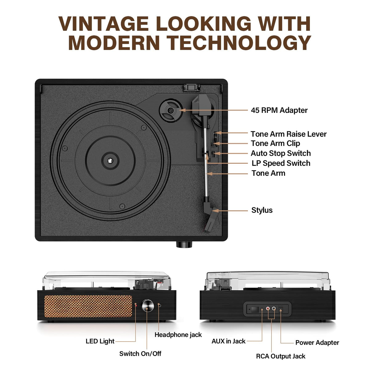 Cotsoco record player wood finish close-up, showcasing retro style for living spaces.