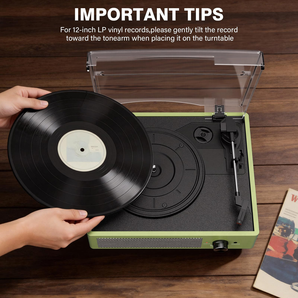 cotsoco size comparison next to a record sleeve showing compact footprint