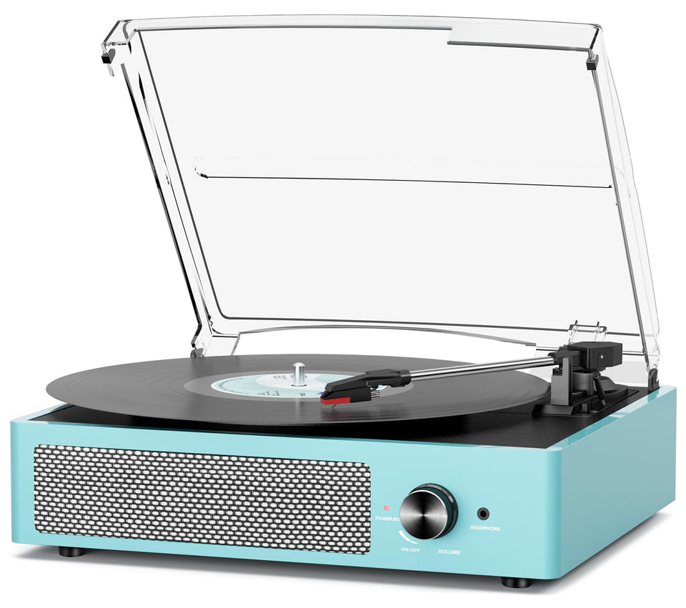 cotsoco front view sky blue turntable showing controls and speakers for easy setup