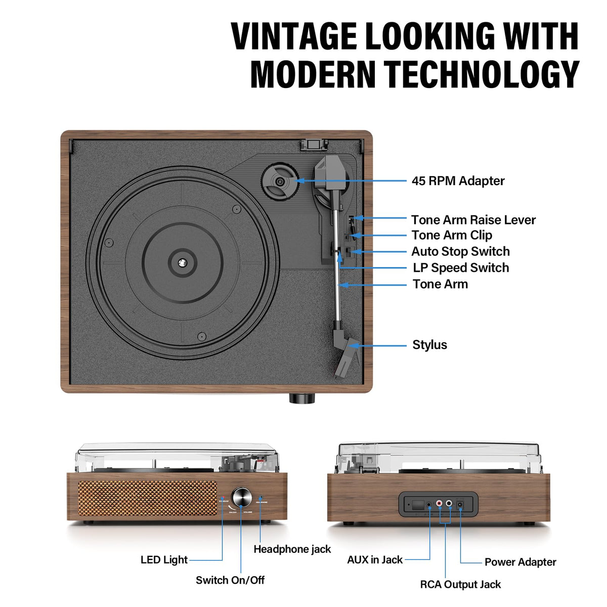 cotsoco top view open with record placed illustrating easy vinyl loading and play