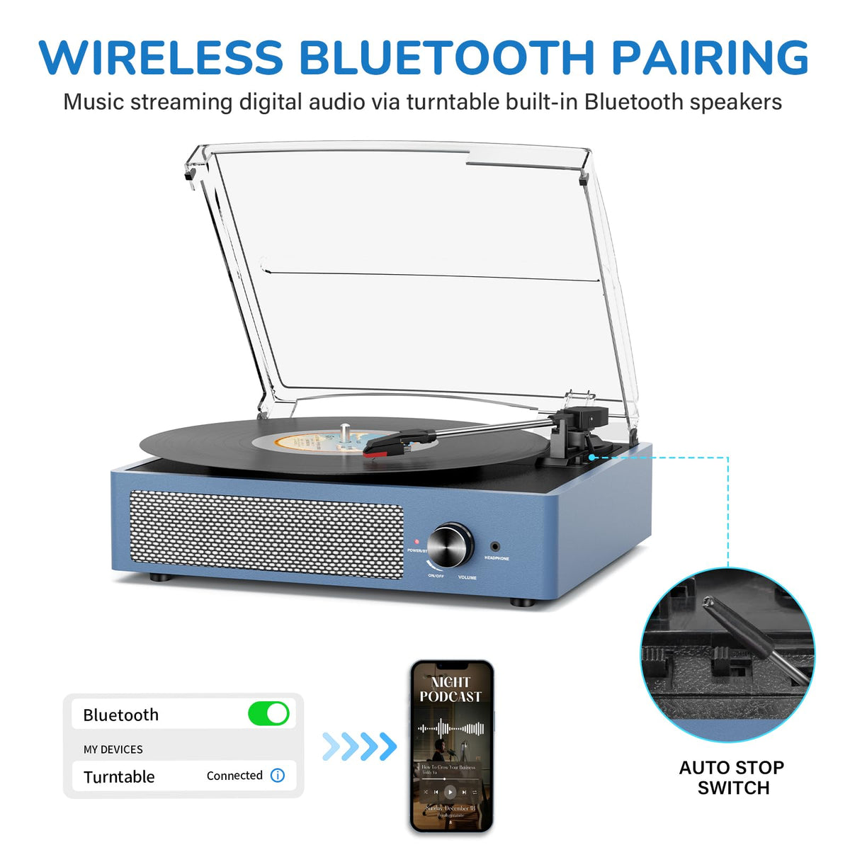 Cotsoco vinyl record player with Bluetooth for wireless streaming from devices