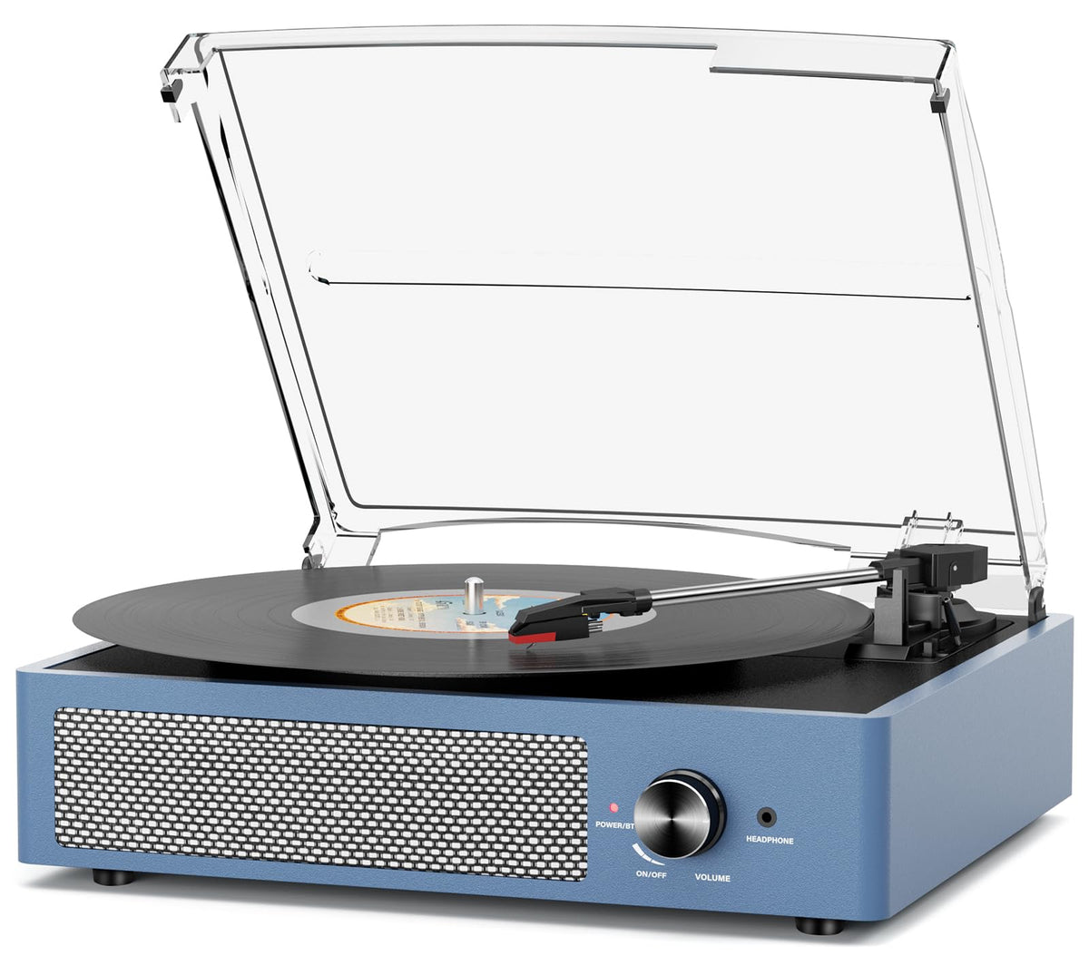 Cotsoco vinyl record player front view with built-in dual speakers for easy listening