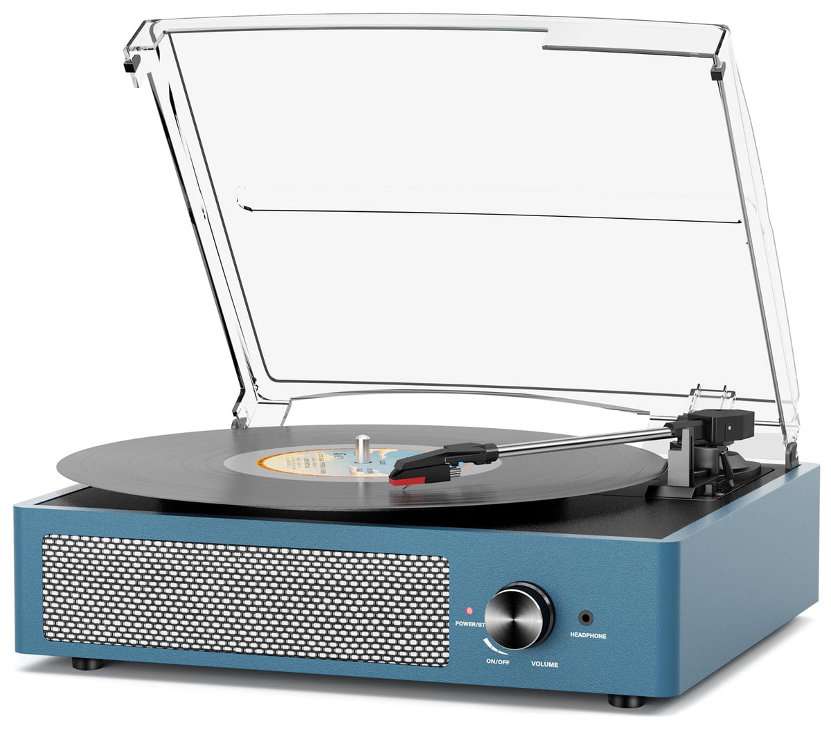 Cotsoco vinyl record player in frosted blue front view for stylish listening at home