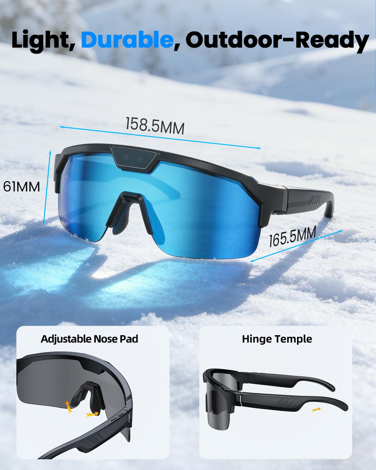 Secure, comfortable fit with adjustable nose pads and wrap-around temples.