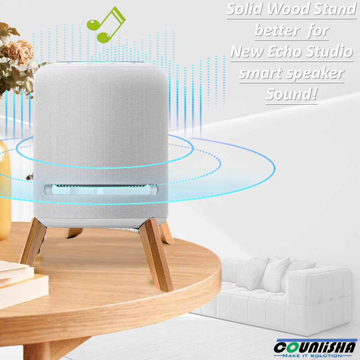 Counlisha Wood stand protects Echo Studio from slips and spills.